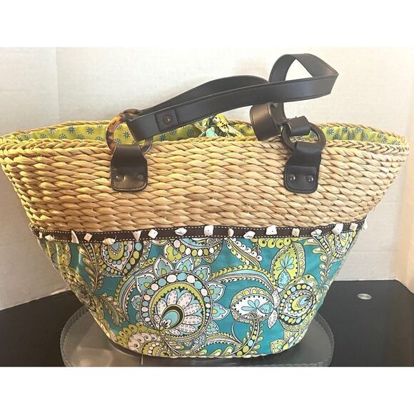 Vera Bradley Peacock Floral Straw Wicker Fabric Tote Bag Blue Green Large - Picture 2 of 11